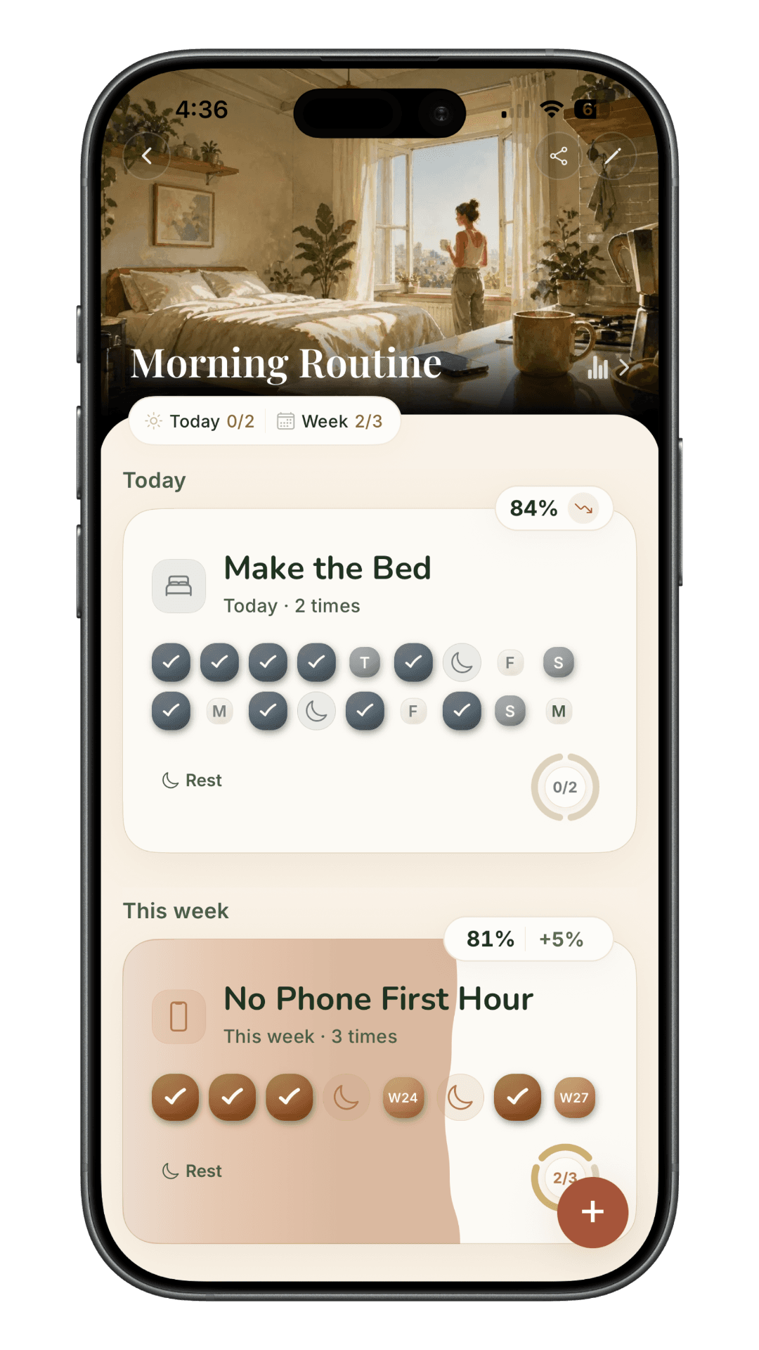 Sona Better Sleep space showing habit cards on an iPhone.