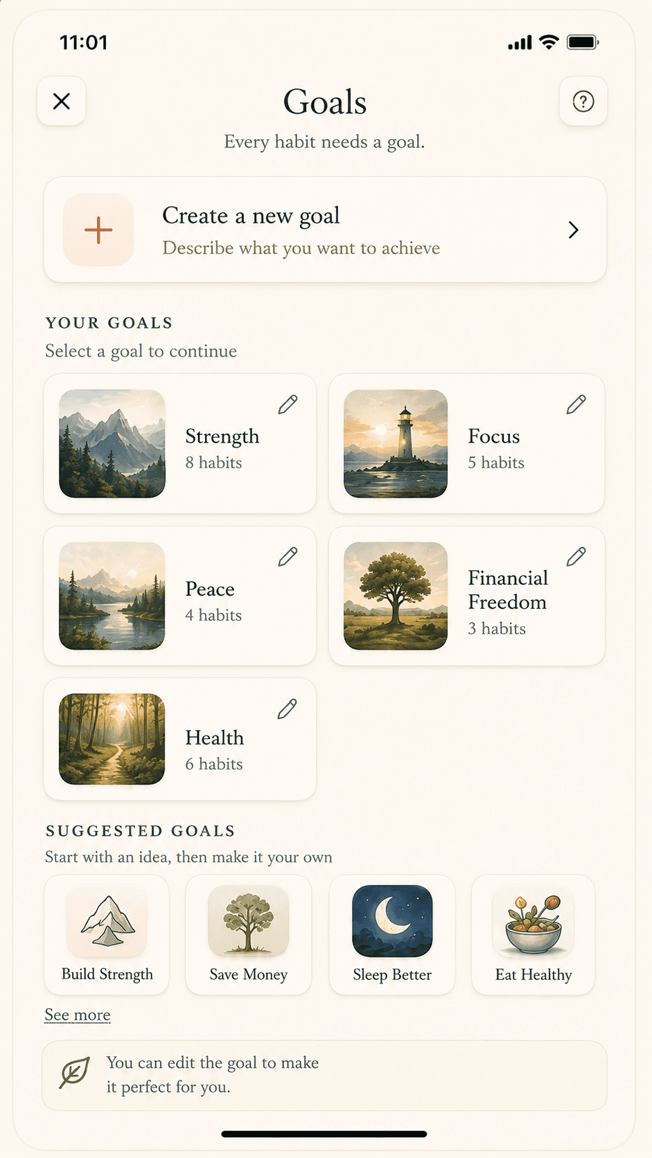 Dawn Song goals screen: painted cards for Strength, Focus, Peace, Financial Freedom, and Health